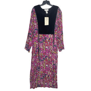 Vtg Boho Dress 1X Velvet Panel Geometric Print Pink Purple Retro Lagenlook‎